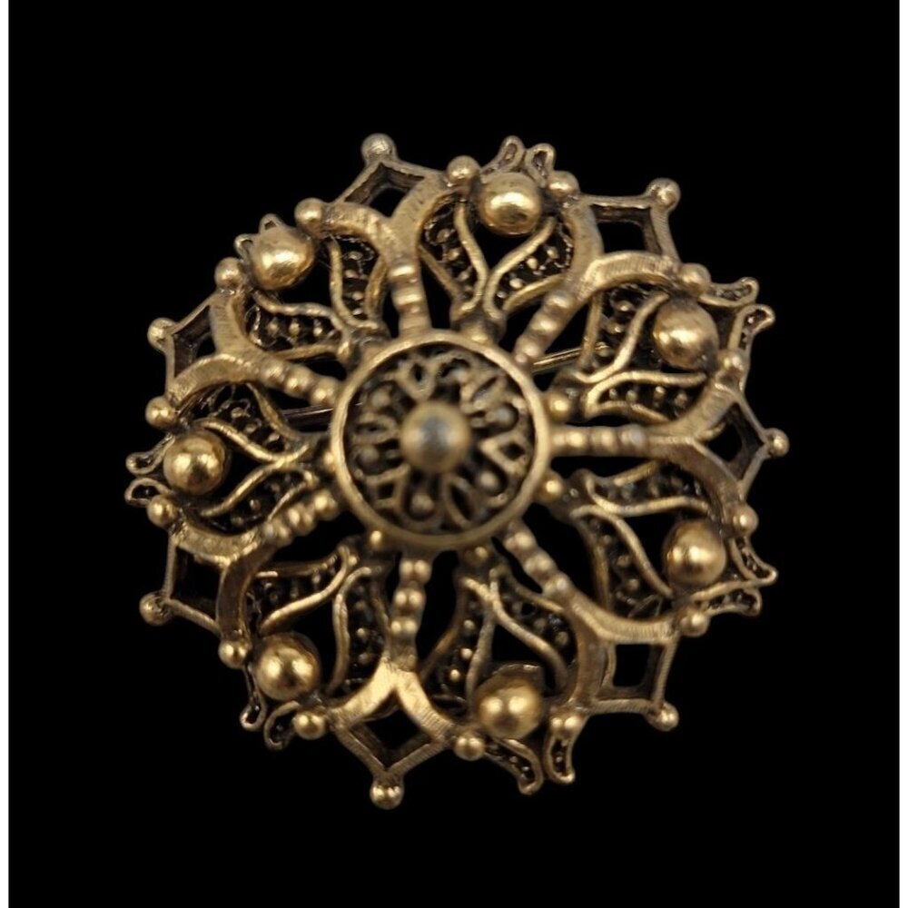 Hedy Snowflake Brooch Gold Tone Layered Open Metal Work Vintage Signed